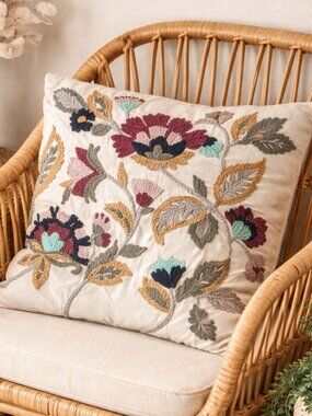 Embroidered Floral Pillow Cover 21x22 Boho Cream Multicolor Throw Pillow